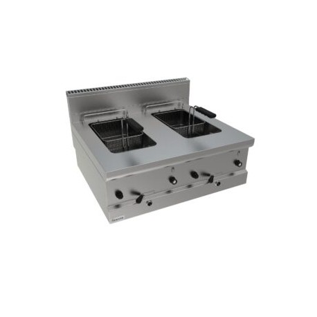 Friggitrice a gas ad due vasche lt 7+7 con bruciatori esterni dim.mm.800x700x305h