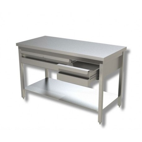 Tavolo su gambe in acciaio inox con piano di fondo e cassetti dim.mm.1200x600x850h