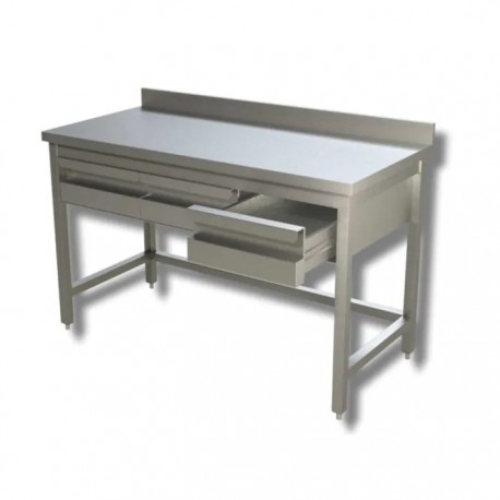 Tavolo su gambe in acciaio inox con cassetti telaio e alzatina dim.mm.1500x600x850h