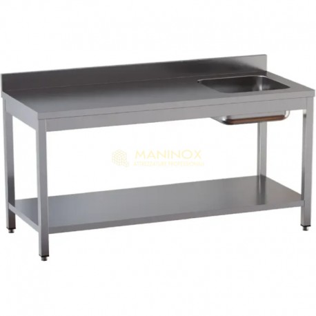 Tavolo chef in acciaio inox con vasca a destra ripiano di fondo e alzatina dim.mm.900x700x850h