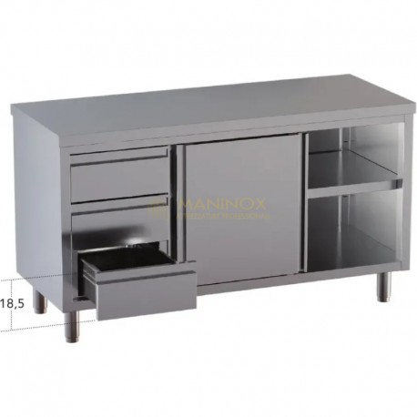 Tavolo armadiato con porte scorrevoli e 3 cassetti sx in acciaio inox dim.cm.230x70x85h