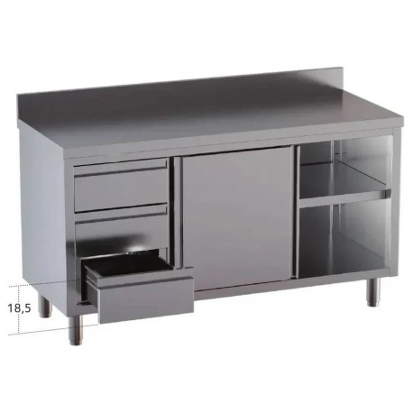 Tavolo armadiato con porte scorrevoli 3 cassetti sx e alzatina in acciaio inox dim.cm.170x60x85h