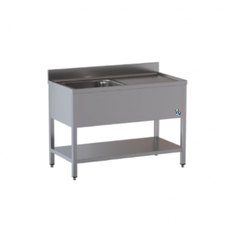 Lavatoio su gambe con vasca sx e ripiano di fondo in acciaio inox dim.cm.160x70x85h