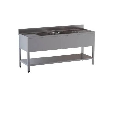 Lavatoio su gambe con due vasche centrali e ripiano di fondo in acciaio inox dim.cm.180x70x85h