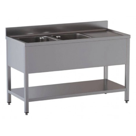 Lavatoio su gambe con due vasche sx e ripiano di fondo in acciaio inox dim.cm.180x70x85h