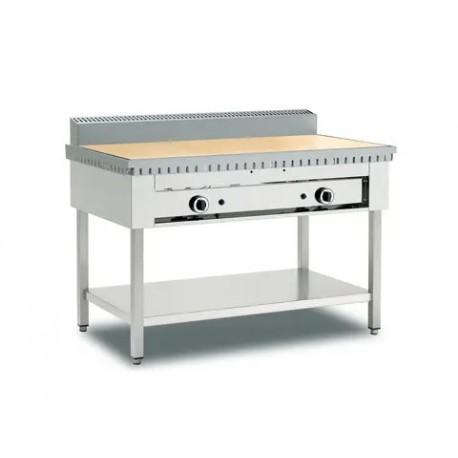 Cuocipiada a gas con piano in refrattario su trespolo in acciaio inox dim.cm.120x60x85h