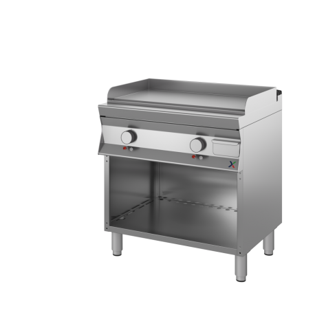 Fry top elettrico su base armadiata a giorno in acciaio inox piastra liscia cromata satinata CR40 4.0 kw15 Dim.cm.90x90x85/90h