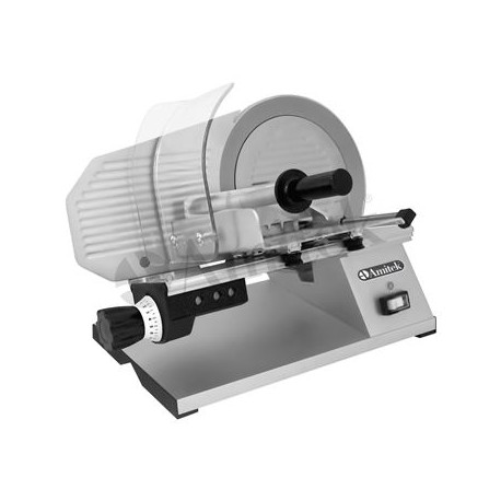 Affettatrice ad ingranaggi a gravità struttura in lega di alluminio piatto removibile Dim.diam.lama 275 mm. Dim.mm.425x535x405h