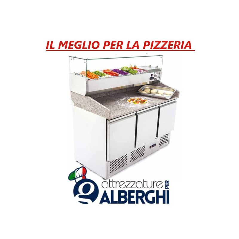 Banco pizza Saladette Tavolo 3 sportelli refrigerato con piano in granito &#8211; vetrina portacondimenti 6xGN1/4