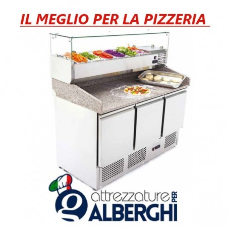 Banco pizza Saladette Tavolo 3 sportelli refrigerato con piano in granito - vetrina portacondimenti 6xGN1/4