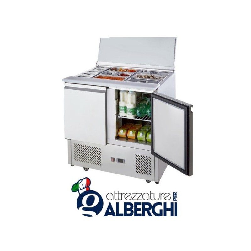Tavolo Frigo Saladette Refrigerato Acciaio Inox 2 porte porta bacinelle &#8211; cm. 90x70x85h.