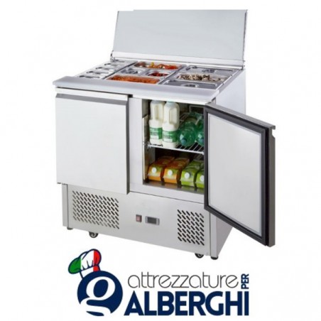 Tavolo Frigo Saladette Refrigerato Acciaio Inox 2 porte porta bacinelle - cm. 90x70x85h. professionale