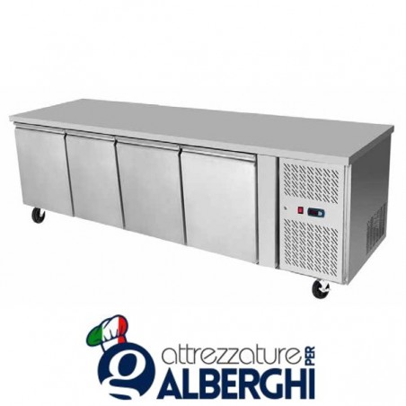 Tavolo frigo refrigerato 4 sportelli acciaio inox + motore. Temp. -2°/+8°C per gastronomia professionale