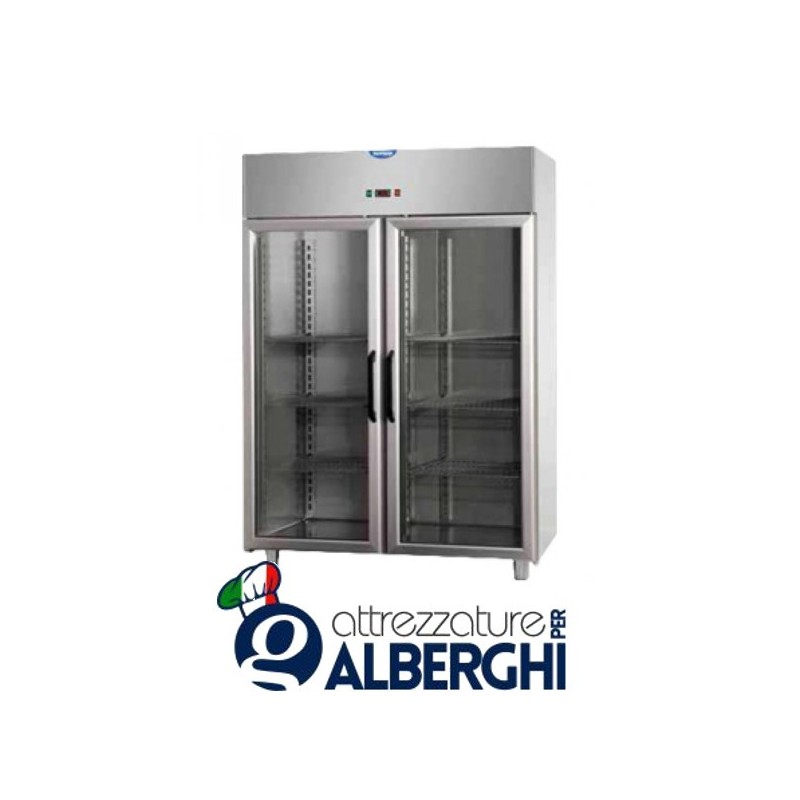 Armadio congelatore 1200 litri monoblocco in Acciaio Inox temperatura -18/-22°C con 2 porte in vetro e luce neon interna