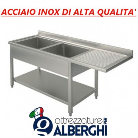Lavatoio acciaio inox 2 vasche con vano per lavastoviglie sgocciolatoio destra Dim. 160x60x85h cm professionale