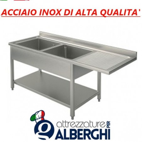 Lavatoio acciaio inox 2 vasche con vano per lavastoviglie sgocciolatoio destra Dim. 180x60x85h cm professionale