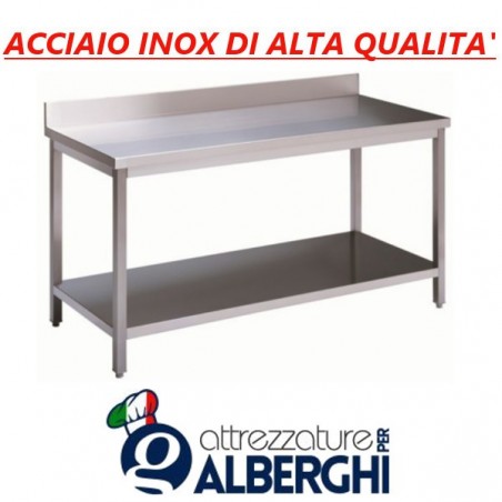 Tavolo acciaio inox con ripiano inferiore - con alzatina - Dim. cm. 40x70x85H • LINEA ECO