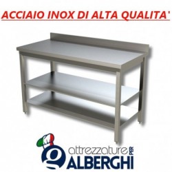 Tavolo acciaio inox con 2 ripiani &#8211; con alzatina &#8211; Dim. cm. 40x70x85H • LINEA ECO