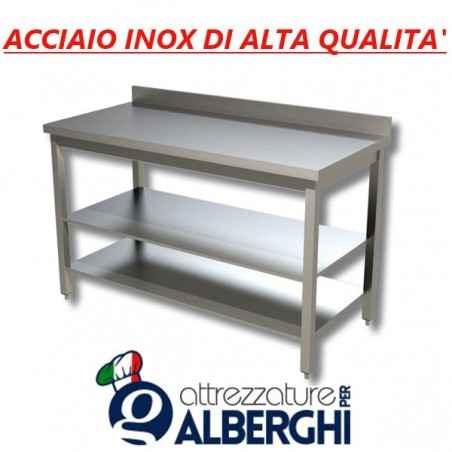 Tavolo acciaio inox con 2 ripiani - con alzatina - Dim. cm. 150x70x85H • LINEA ECO professionale
