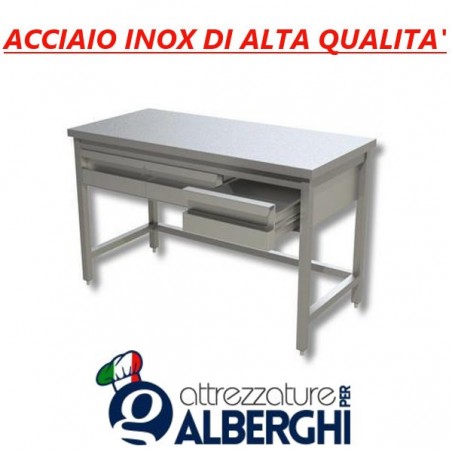 Tavolo in acciaio inox su gambe + cassettiera con 2 cassetti - Dim. cm. 100x70x85H • LINEA ECO professionale