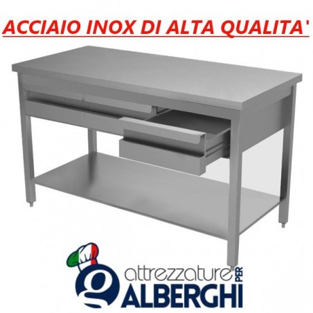 Tavolo in acciaio inox con ripiano + cassettiera con 2 cassetti - Dim. cm. 100x70x85H • LINEA ECO professionale