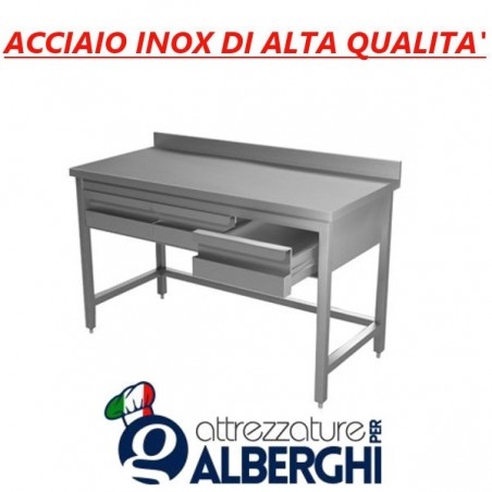 Tavolo in acciaio inox su gambe + alzatina + cassettiera con 2 cassetti - Dim. cm. 100x70x85H  • LINEA ECO