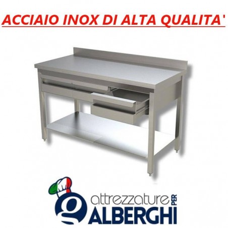 Tavolo in acciaio inox con ripiano + alzatina + cassettiera con 2 cassetti - Dim. cm. 100x70x85H • LINEA ECO