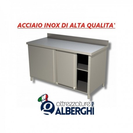 Tavolo Armadiato Chiuso In Acciaio Inox Con Ante Scorrevole - Con Alzatina – 80x60x85 cm professionale