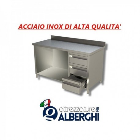 Tavolo Armadiato In Acciaio Inox + Cassettiera + Alzatina - Prof. 70 • 140x70 cm professionale