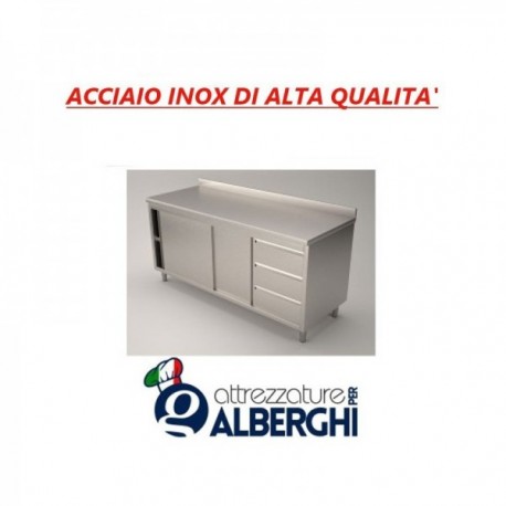 Tavolo Armadiato Chiuso In Acciaio Inox Con Scorrevoli E Cassettiera - Con Alzatina 100x70x85 cm professionale