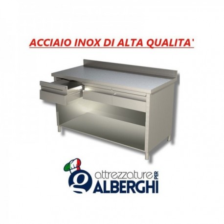 Tavolo Armadiato In Acciaio Inox Con Ripiano + Cassettiera – 100x70x85 cm – CON ALZATINA
