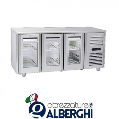 Tavolo frigo refrigerato inox 3 porte vetro con motore s/alzatina +3°/+10°C – QRG3100