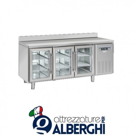 Tavolo frigo refrigerato inox 3 porte vetro con motore c/alzatina +3°/+10°C – QRG3200