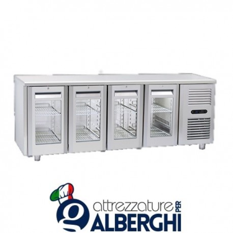 Tavolo frigo refrigerato inox 4 porte vetro con motore s/alzatina +3°/+10°C – QRG4100 professionale