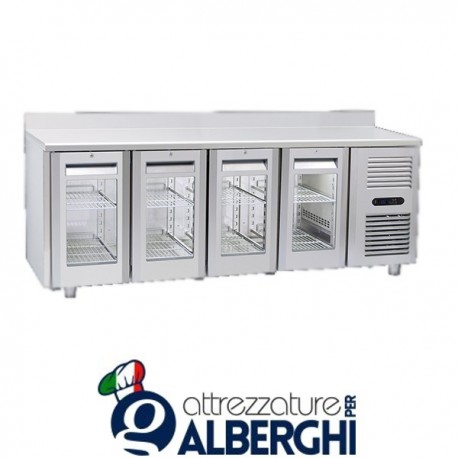 Tavolo frigo refrigerato inox 4 porte vetro con motore c/alzatina +3°/+10°C – QRG4200