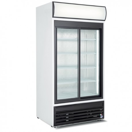 Espositore verticale a refrigerazione ventilata con cassonetto luminoso.