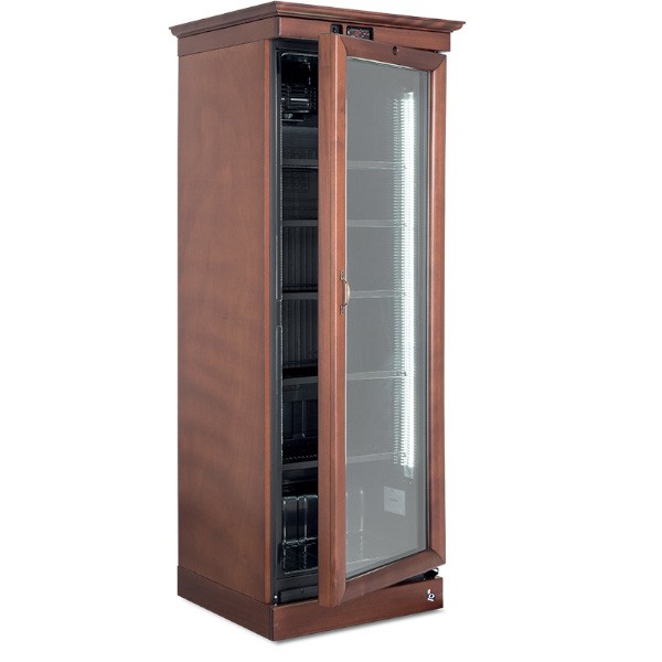 Espositore verticale a refrigerazione ventilata per bevande rivestito in legno, a singola porta