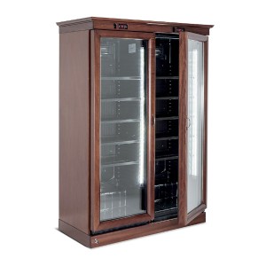 Espositore verticale a refrigerazione ventilata per bevande rivestito in legno, a doppia porta
